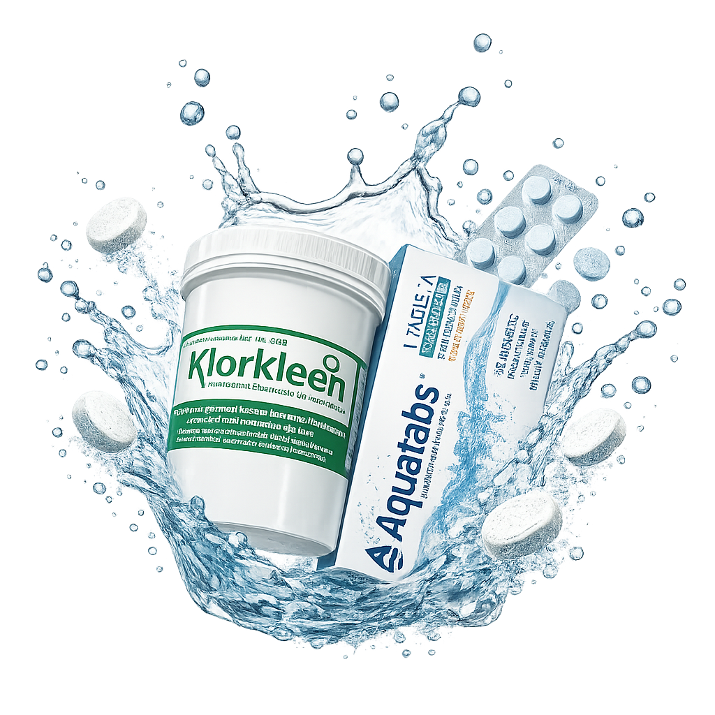 Productos Klorkleen y Aquatabs para desinfección y purificación de agua
